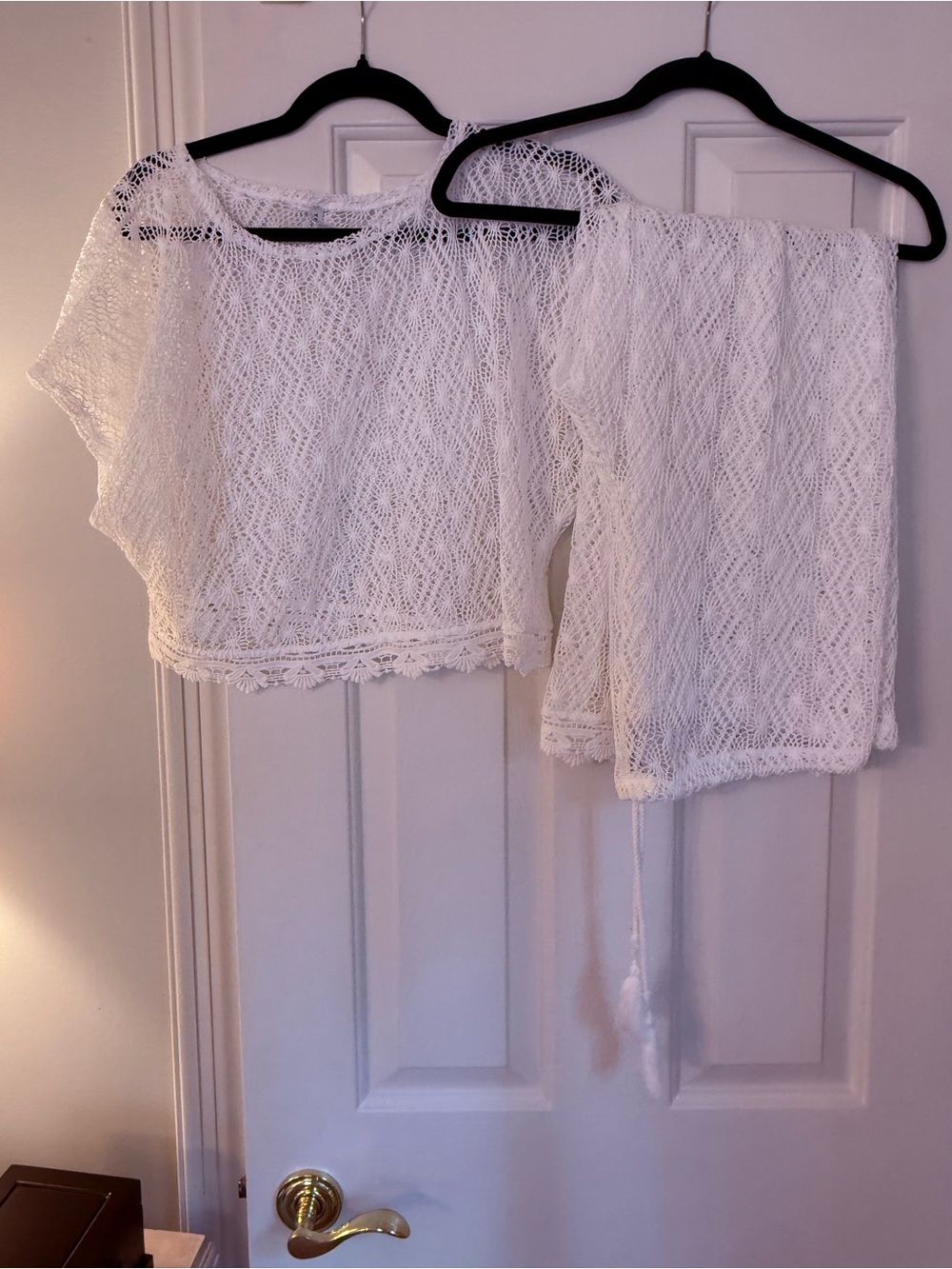 Trina Turk White Crochet Knit Pantsuit Bottom with Scalloped Lace Hemline
